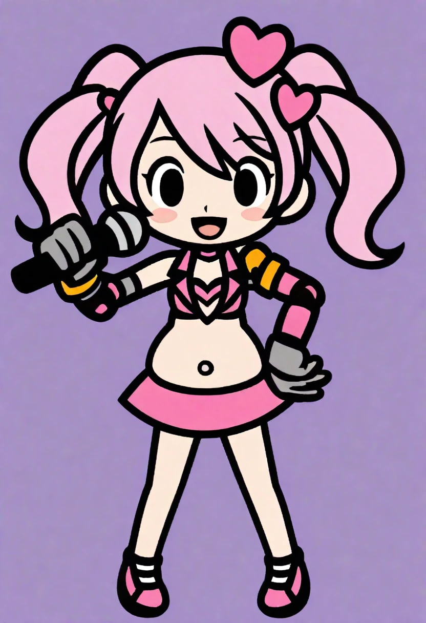 One girl、upright、Twin tails、Pink Hair、heart、Cleavage、Miniskirt、Belly button、View here、Cute Girls、Idol、Hold the microphone、Full body view、Positive、mechanical、arm、mechanicalarm、