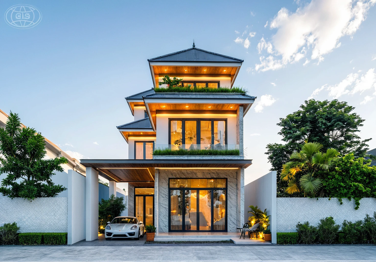 Masterpiece, high quality, best quality, authentic, super detail, outdoors, onestoreyvillaXL, aiaigroup, house style modern on the street ,stairs, white wall ,road,pavement, grass, trees, sky, cloud, (daylight:1.1),((pool front of villa))
