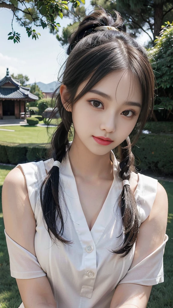 collared dress,European park,On the lawn,One woman,masutepiece, The highest image quality, High quality, the background is clear,Beautiful woman, Japanese,Ultra-detailed, finely detail, hight resolution, 8K Wallpaper, Perfect dynamic composition, Beautiful detailed eyes , Detailed, Detailed eyes, Detailed skin, Beautiful skin, 超hight resolution, (reality: 1.4),Very beautiful woman, Slightly younger face, Beautiful skin, slender, (Ultra photo realsisim), (hight resolution), (8K), (Very detailed) (beautifully detailed eyes), (super detailed), (Detailed face), view the viewer, Fine details, Detailed face, Staring straight ahead, Staring straight ahead, photos realistic, Bright lighting, Professional Lighting, Black hair,poneyTail,a baby face,sixteen years old,Hairstyle: ponytail,Long ponytail hairstyle,slight smile,neat and tidy clothing,Beautiful Japanese KPOP idol photo, hair style is ponytail, my eyes are double and wide, baby face, smile and look straight ahead, slender, small breasts,Close up face,