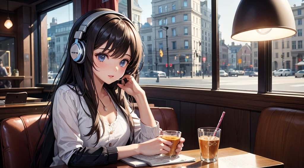 Girl with headphones enjoying music in a cafe I am studying Emphasize a little bit of the chest