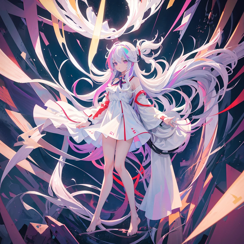 [transparent background, ::0.]masterpiece, best quality, 1girl, long hair, solo, white hair, dress, pray, electricity, purple eyes, very long hair, multicolored hair, white dress, bandaged leg, glowing, colored inner hair, grey hair, barefoot, electric plug, bandages, full body, explosion, floating