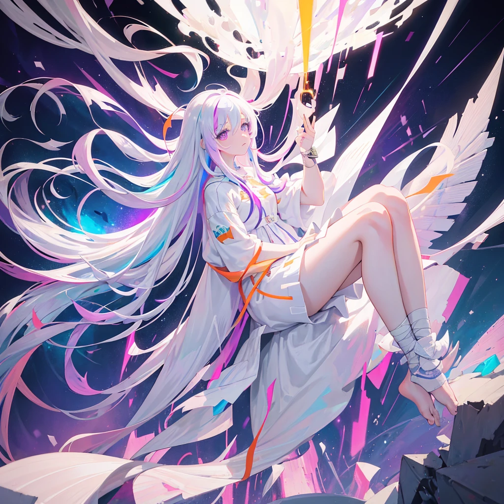 [transparent background, ::0.]masterpiece, best quality, 1girl, long hair, solo, white hair, dress, pray, electricity, purple eyes, very long hair, multicolored hair, white dress, bandaged leg, glowing, colored inner hair, grey hair, barefoot, electric plug, bandages, full body, explosion, floating