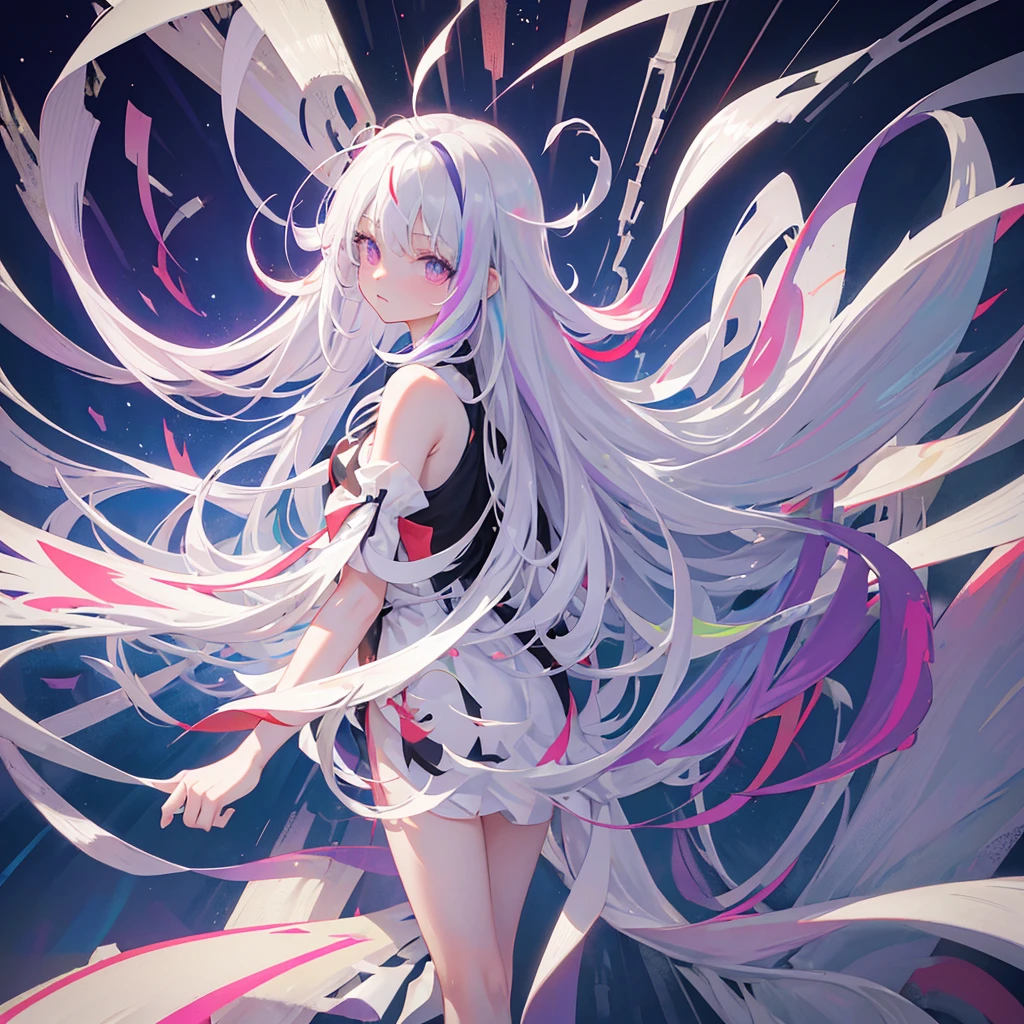 [transparent background, ::0.]masterpiece, best quality, 1girl, long hair, solo, white hair, dress, pray, electricity, purple eyes, very long hair, multicolored hair, white dress, bandaged leg, glowing, colored inner hair, grey hair, barefoot, electric plug, bandages, full body, explosion, floating