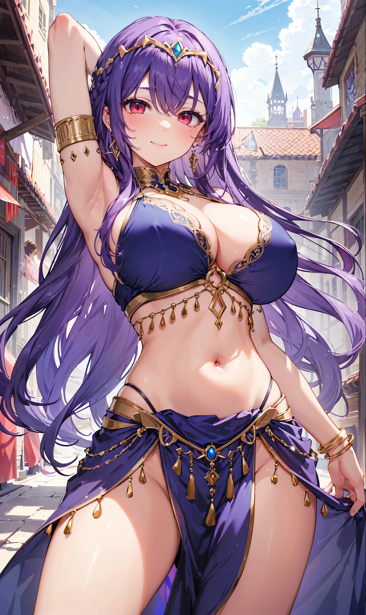 high quality, ultra detailed, best quality, insanely detailed, beautiful, masterpiece, 1girl, medieval plaza, cowboy shot, red eyes, long hair, purple hair, belly dancer, circlet, earrings, armlets, bracelets, bashful smile, large breasts, cleavage, soft stomach