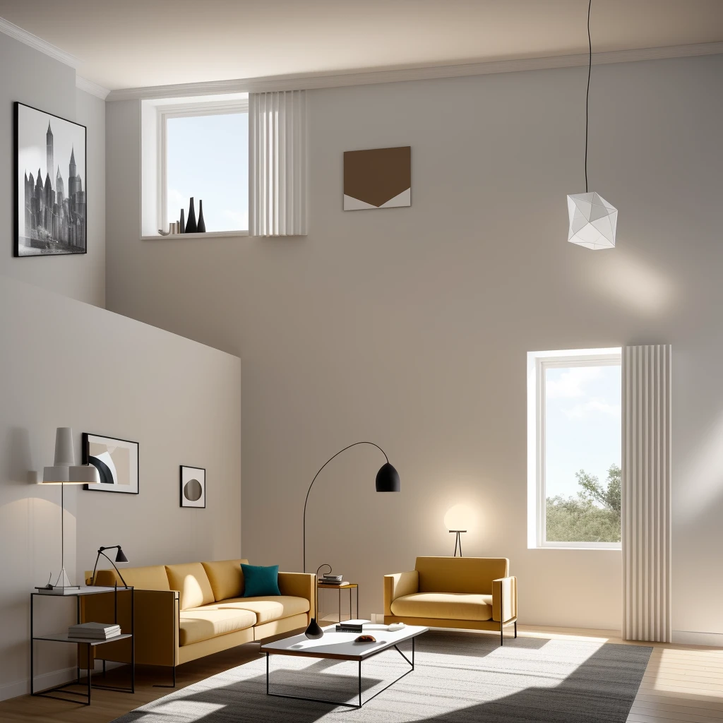 In a modern living room designed by renowned architects, the sleek lines and minimalist aesthetics come to life in a digital illustration reminiscent of M.C. Escher's mind-bending art. The room's intricate geometry, furniture placement, and interplay of light and shadow create an illusion of endless space and complexity. The color temperature leans towards cool tones, enhancing the sense of contemporary elegance. Faces of imaginary occupants reveal a mix of awe and contemplation, perfectly complementing the surreal atmosphere. The lighting is soft, casting subtle gradients across the surfaces, contributing to the dreamlike ambiance
