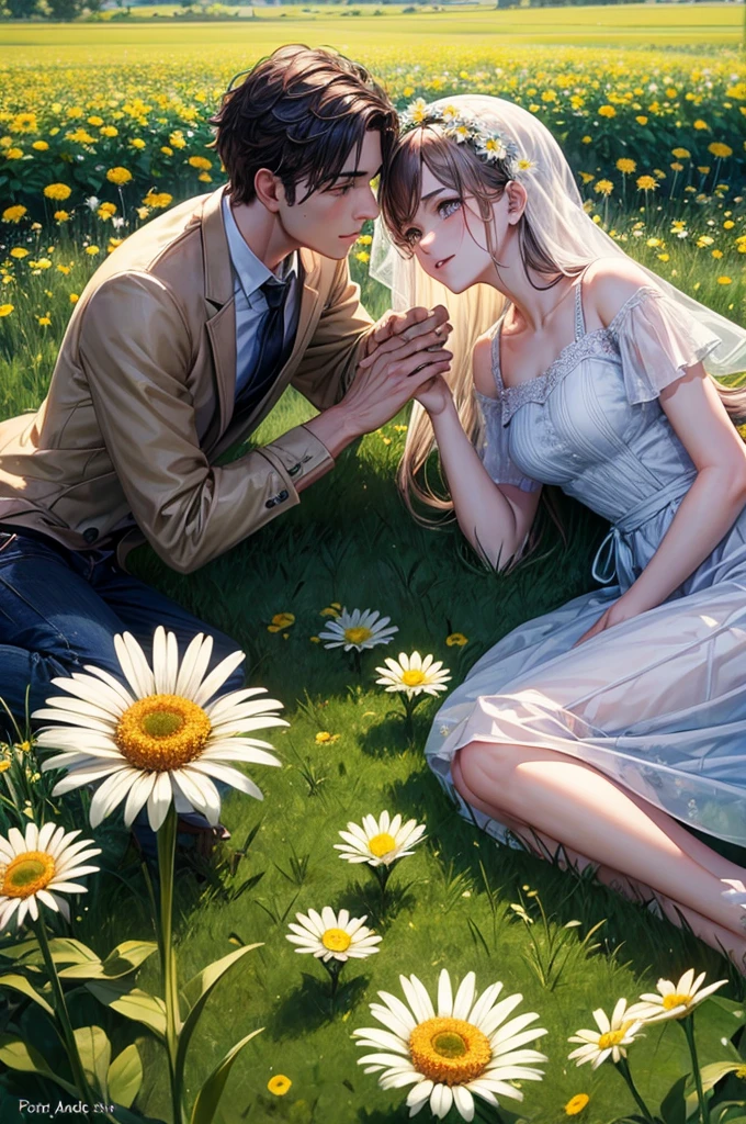 ((best quality)), ((masterpiece)), (detailed), perfect face of the couple starring each other in the middle of the daisy garden.