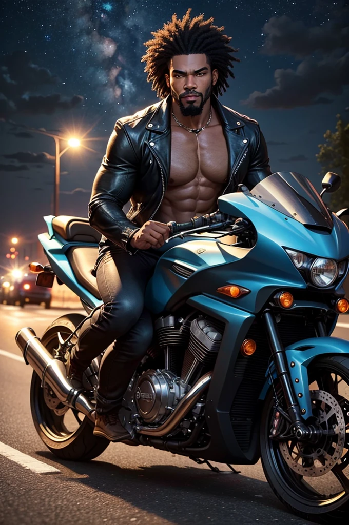 A muscular and sensual young wild afro black werewolf, red-eyed, all bald and goatee wearing leather jacket and driving a big super classic road bike down a deserted road at night with an evil entity watching among the stars