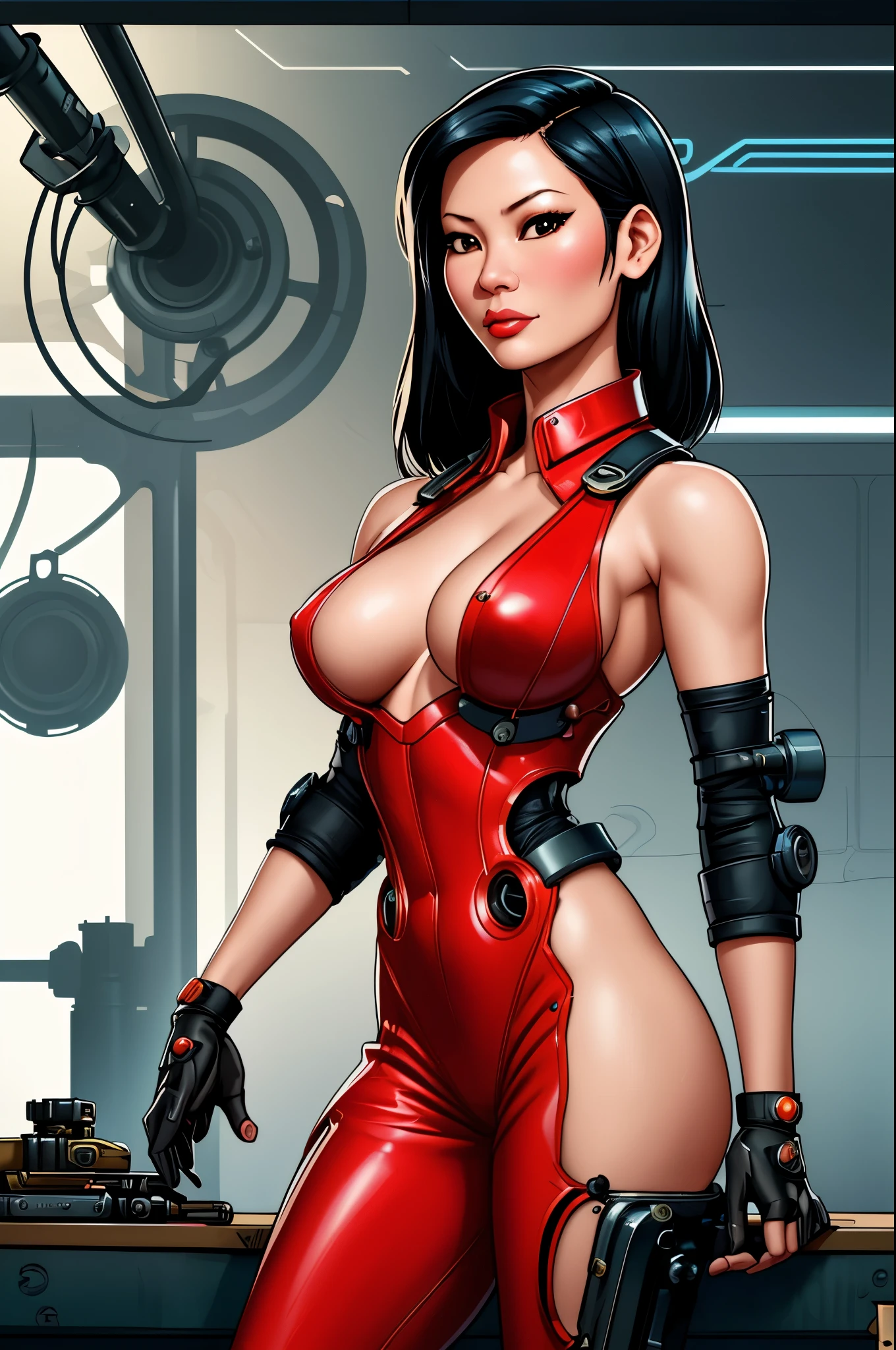 Lucy Liu, gorgeous mechanic, atompunk, blank background, retro-futurism