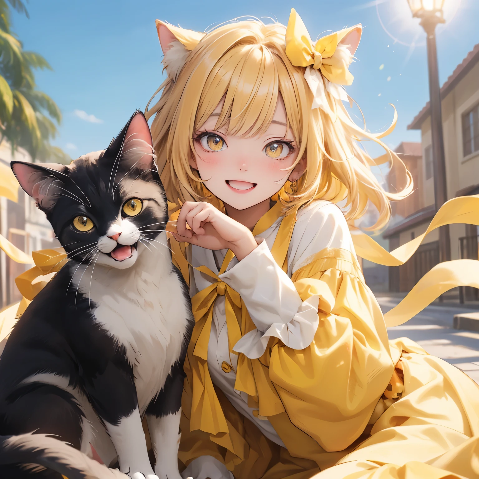 (masterpiece), Highest quality, Ultra-high resolution,A cat wearing a cream-yellow ribbon、Cream yellow hair、Cream yellow eyes、Cream yellow clothes、under the sun、Laughing happily