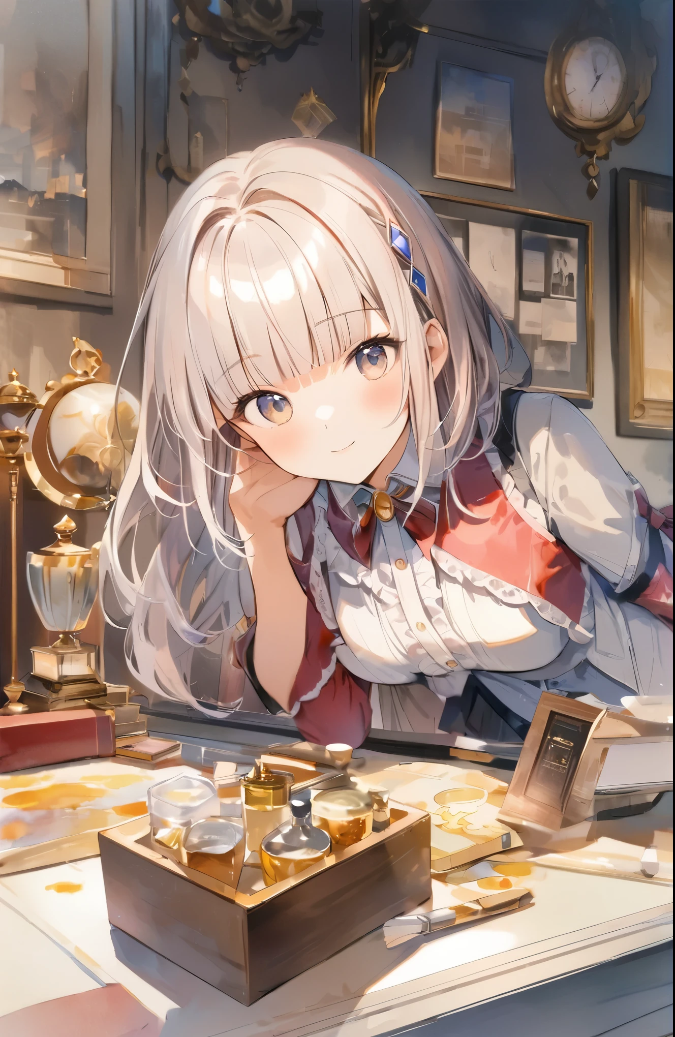 absurdres,watercolor,oil,超High resolution, Attention to detail, high quality, High resolution, 最high quality, 4K, 8K, Awards, (artwork)、Magical goods store clerk、(blunt bangs)、Otherworldly fantasy、Lean forward against the counter、cute、(Another World Clerk's costume:1.37),close-up,cute,つり目