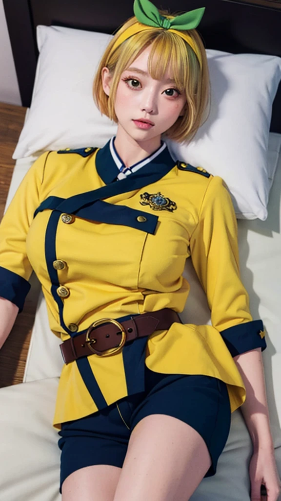 masterpiece, best quality, (uniform:1.5), without sleeves, upper body, lying in bed, belt, Shushu Suruga, shorts, 1girl, yellow hair, green eyes, looking at viewer, short hair, medium breast, hairband, bangs