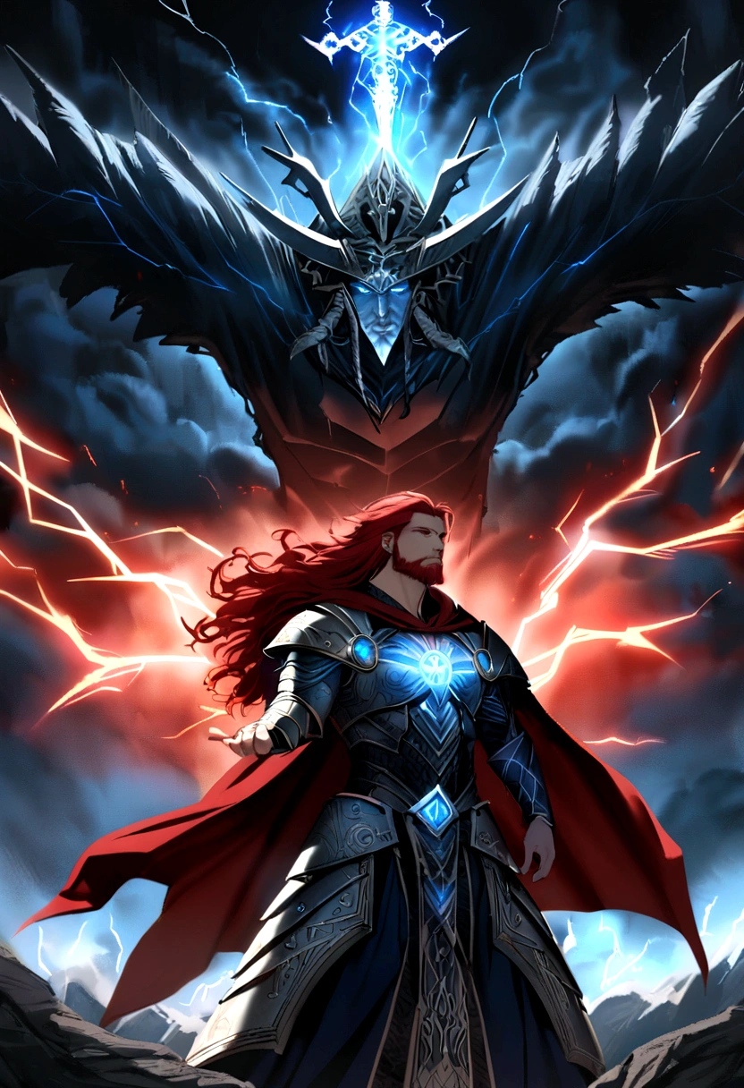 Thor, the Thunder God, dons formidable Asgardian armor forged from enchanted Uru metal, its surface etched with ancient runes that pulse with stormy energy. His powerful frame is wrapped in a crimson cape that flows dramatically behind him. His fiery red hair and beard are wild and untamed, mirroring the tempest within him. Thor's piercing blue eyes crackle with the fury of a storm, and he wields Mjölnir, his legendary hammer, which glows with divine lightning. His arms are adorned with intricate, glowing tattoos of Norse symbols, and his presence exudes raw power and godly might.