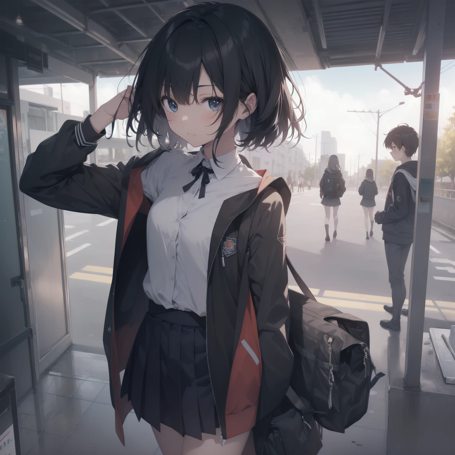 ultra-absurdres-Top quality by artist God, ultra-detailed, high resolution, anime moe artstyle, best anime 8k konachan wallpaper, pixiv contest winner, pool:2810, perfect anatomy,break, 1girl, (Please draw a girl walking sleepily to school alone. )break,(Solo,little female, 13-year-old:1.3),Full limbs, complete fingers,a junior high school student, (very short hair), short cut, flat chest, , small butt, small black eyes, beautiful detailed eyes, well-proportioned iris and pupils, expressive eyes, highres detailed hair, soft expression, salor school_uniform, sailor collar, serahuku, bow, pleated skirt,(Detailed Lighting), (Detailed background), in the School commute route. break,super detailed skin, Best cinematic lighting powered by famous artist, 8k,beauty illustration,photoshop_(medium),very aesthetic,break,((artist:sumiyao_(amam) )), artist:clamp ,artist:carnelian ,artist:kantoku ,