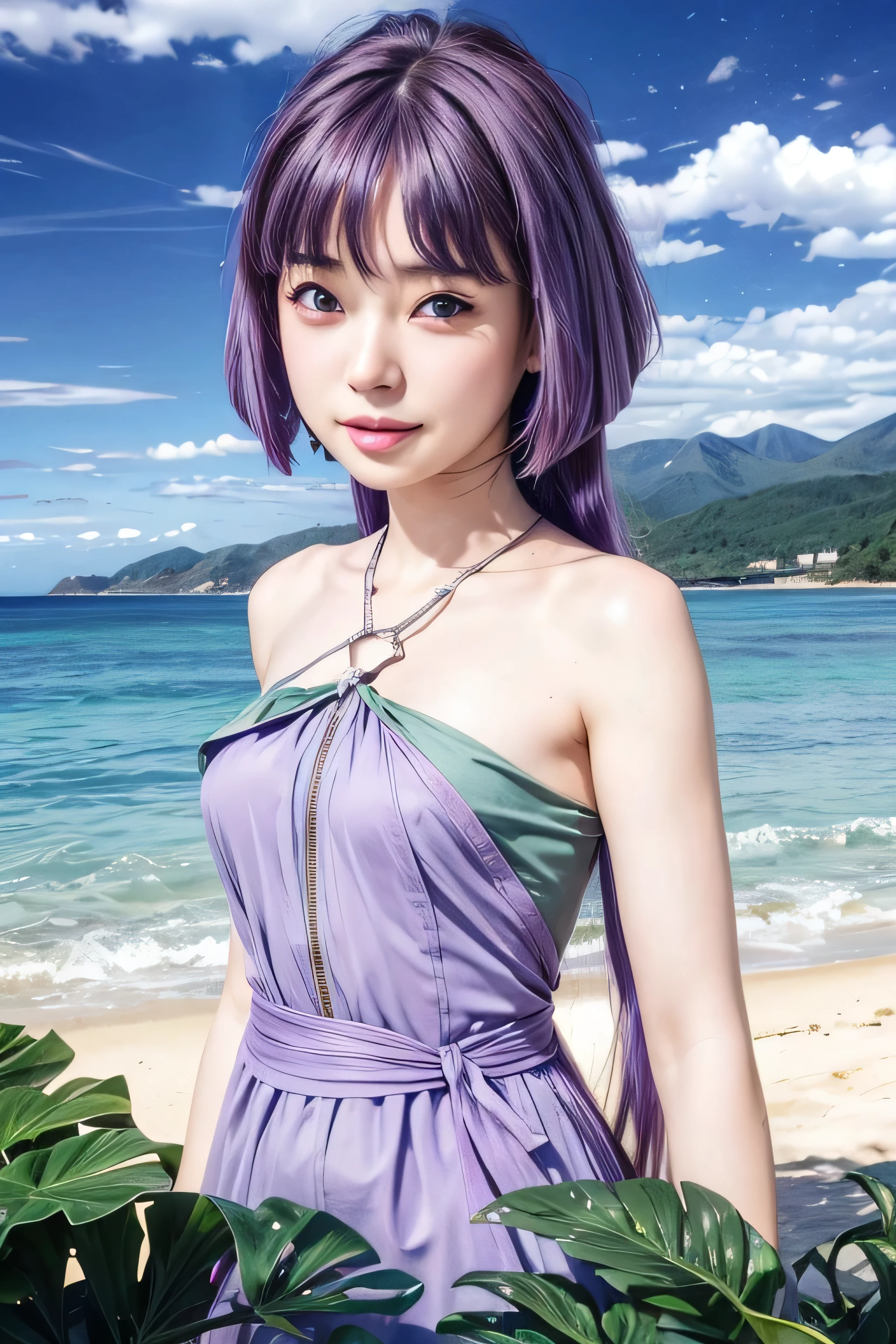 masterpiece, best quality, (realistic,photo-realistic:1.4), (RAW photo:1.2), extremely detailed CG unity 8k wallpaper, delicate and beautiful, amazing,finely detail, official art, absurdres, incredibly absurdres, huge filesize, ultra-detailed,extremely detailed eyes and face,light on face,sumire kakei,(little smile),(purple hair:1.4),(long hair:1.6),(wearing dress:1.4),beach,beach background