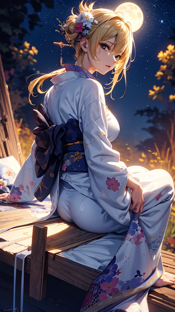 masterpiece, high quality, 4K, Beautiful design, silhouette，blonde， 非常に詳細な夜のStarry Sky,Flower Field， wonderful, Finer details,  Very knowledgeable woman, Highly detailed solo, 1 female,Big Breasts，Butt Emphasis，Underwear Line，Yukata in white color，Night view，Starry Sky，full moon，How to sit，