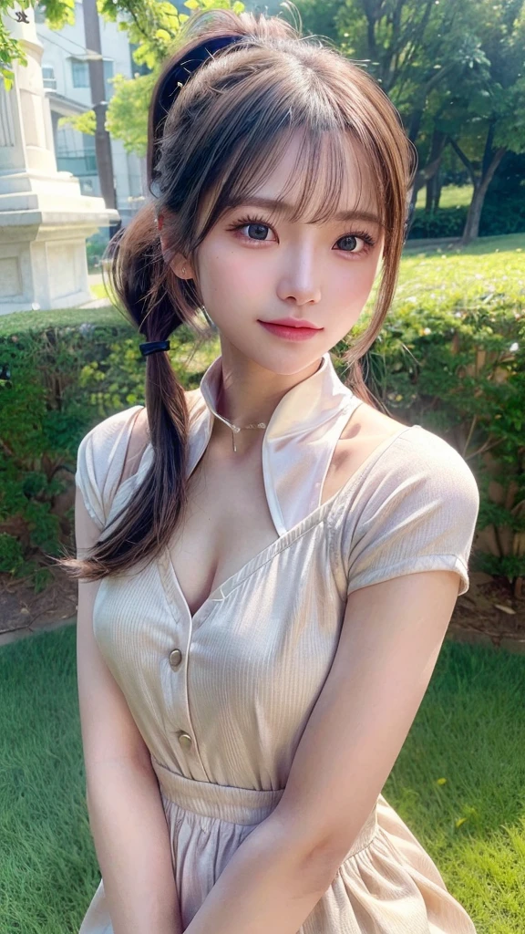 One piece with collar,outdoors,Urban Park,On the lawn,Ultra-detailed, finely detail, hight resolution, 8K Wallpaper, Perfect dynamic composition, Beautiful detailed eyes,Outdoor,Close-up of face,Outdoor,Blushing,Facing forward,,Long hair ponytail,((8k, Raw photo, Best Quality, Mastepiece:1.2), (Realism, Photorealistic:1.4), (Highly detailed 8K wallpapers), Depth of written boundary, Cinematic Lighting, Soft Light, Detailed Beauty Eye,Shiny and smooth light brown ponytail, Asymmetrical bangs, Shiny skin, Ultra-detailed skins ,It is high resolution., High detail, Detailed hairstyle, Detailed facial beauty, Hyper-realistic, Perfect limbs, Perfect Anatomy ,1 Japanese girl,Famous Japanese Idols, Perfect female body,A shy smile,Short eyelashes,Double-edged eyelids,Look straight here,Hair style: ponytail,