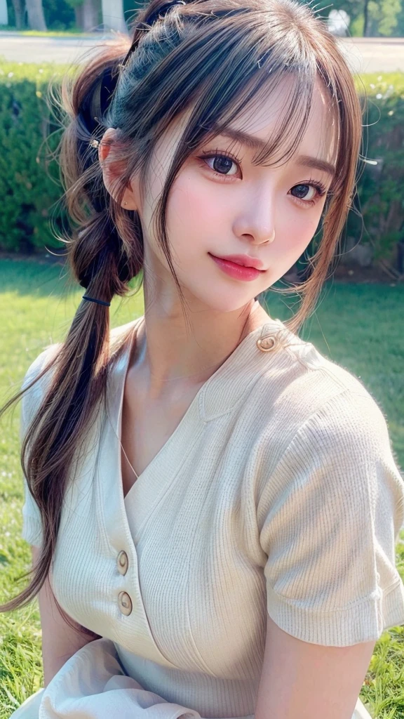 One piece with collar,outdoors,Urban Park,On the lawn,Ultra-detailed, finely detail, hight resolution, 8K Wallpaper, Perfect dynamic composition, Beautiful detailed eyes,Outdoor,Close-up of face,Outdoor,Blushing,Facing forward,,Long hair ponytail,((8k, Raw photo, Best Quality, Mastepiece:1.2), (Realism, Photorealistic:1.4), (Highly detailed 8K wallpapers), Depth of written boundary, Cinematic Lighting, Soft Light, Detailed Beauty Eye,Shiny and smooth light brown ponytail, Asymmetrical bangs, Shiny skin, Ultra-detailed skins ,It is high resolution., High detail, Detailed hairstyle, Detailed facial beauty, Hyper-realistic, Perfect limbs, Perfect Anatomy ,1 Japanese girl,Famous Japanese Idols, Perfect female body,A shy smile,Short eyelashes,Double-edged eyelids,Look straight here,Hair style: ponytail,