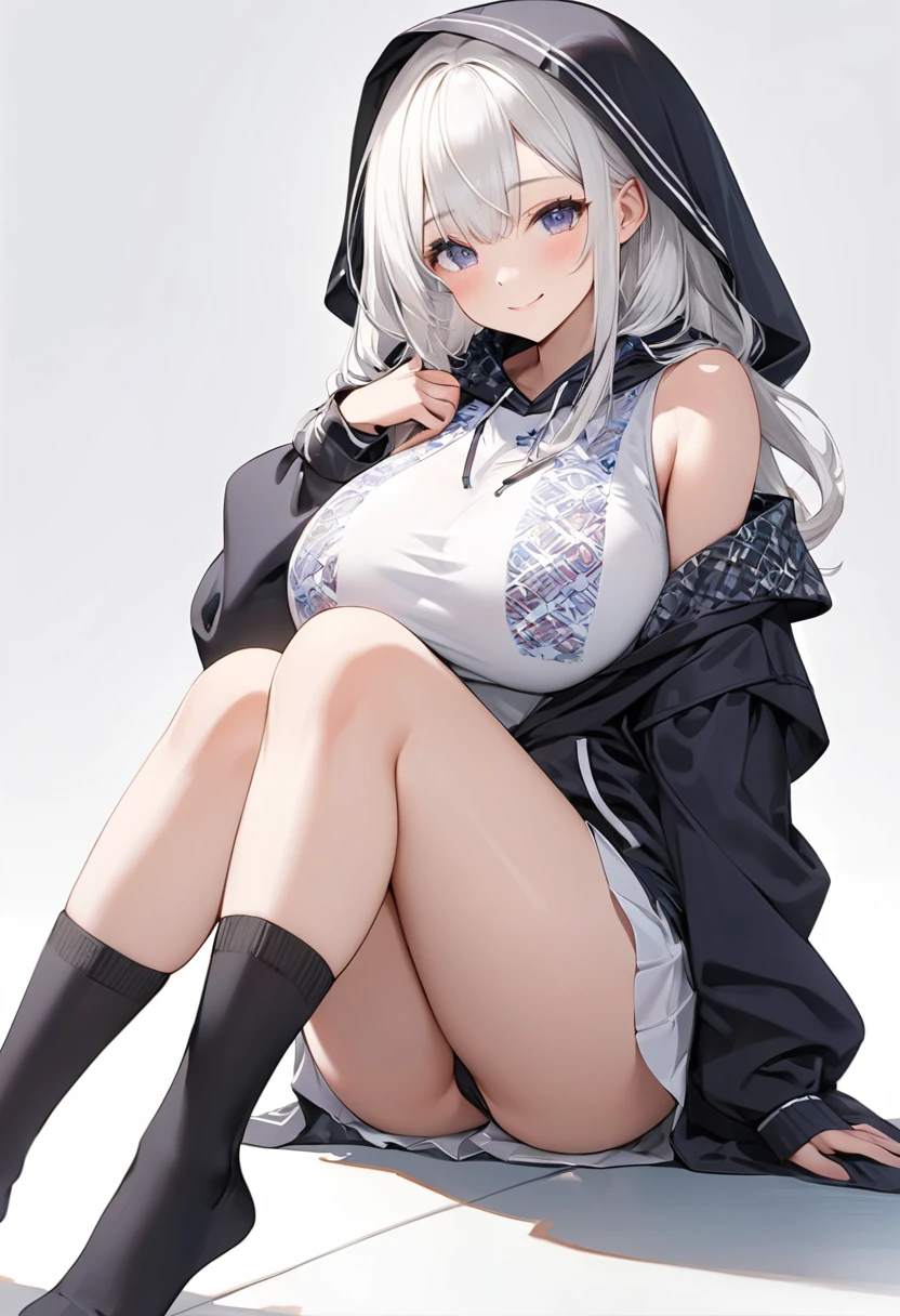 ((Highest quality)), ((masterpiece)), ((Very detailed)), (Very mature),A cute high school girl with a gentle look, white hair and about 165cm tall.，A female high school student with big breasts and a cute smile wearing a transparent black waifus with a cute patterned hood that shows off her shoulders, 顔が若干縦方向に長いbright笑顔の女性，Small Faced Woman，alone, Cute attitude,(background(bright)，Long Hair - Straight，Knee-high socks、A transparent white veil with a cute pattern and a hood with white off-the-shoulders，White wall、Sitting、Facing the viewer、縁に模様がある壁が1面のbackground
