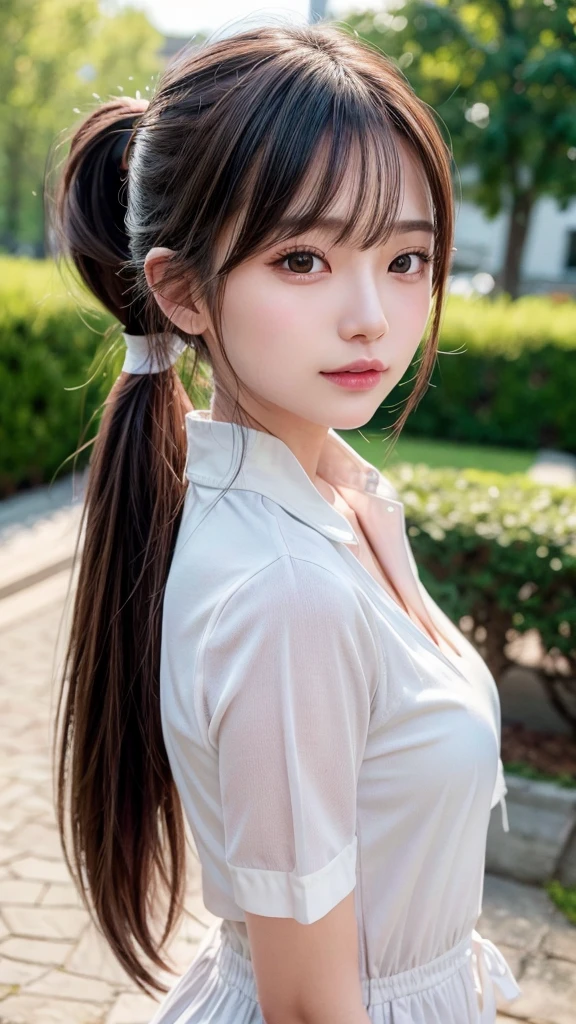One piece with collar,outdoors,Urban Park,On the lawn,Ultra-detailed, finely detail, hight resolution, 8K Wallpaper, Perfect dynamic composition, Beautiful detailed eyes,Outdoor,Close-up of face,Outdoor,Blushing,Facing forward,,Long hair ponytail,((8k, Raw photo, Best Quality, Mastepiece:1.2), (Realism, Photorealistic:1.4), (Highly detailed 8K wallpapers), Depth of written boundary, Cinematic Lighting, Soft Light, Detailed Beauty Eye,Shiny and smooth light brown ponytail, Asymmetrical bangs, Shiny skin, Ultra-detailed skins ,It is high resolution., High detail, Detailed hairstyle, Detailed facial beauty, Hyper-realistic, Perfect limbs, Perfect Anatomy ,1 Japanese girl,Famous Japanese Idols, Perfect female body,A shy smile,Short eyelashes,Double-edged eyelids,Look straight here,Hair style: ponytail,