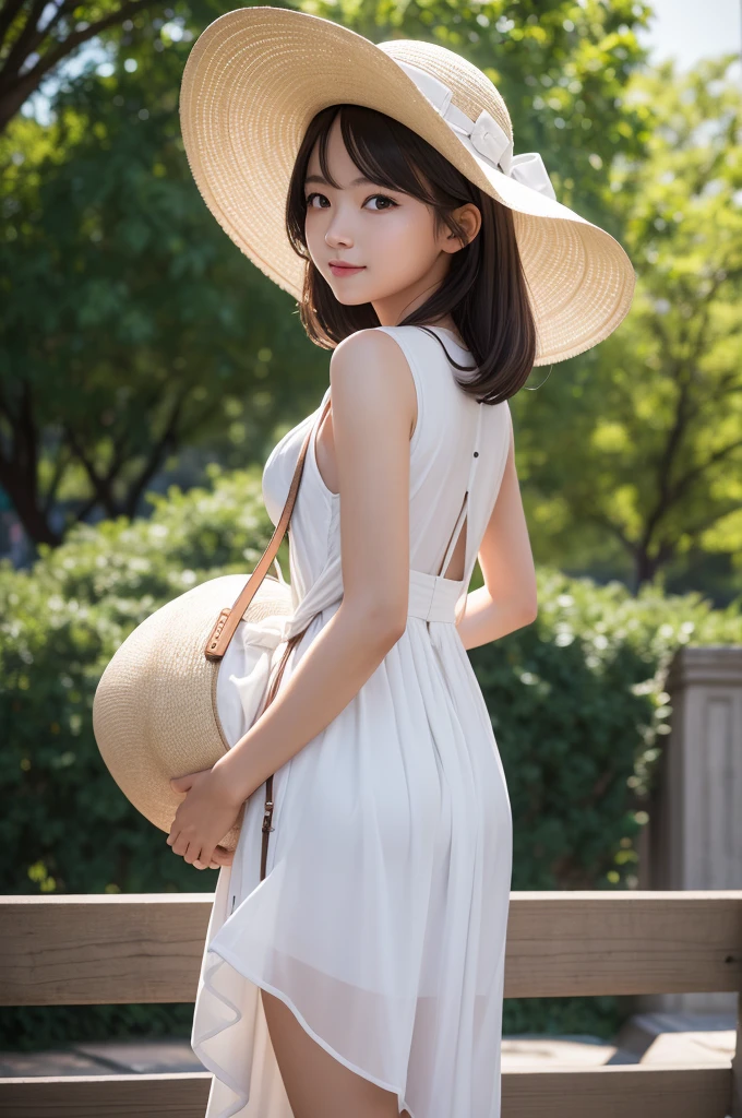 work of art, best qualityer, high resolution, extremely detaild, detailed back ground, cinematic lighting, 1 girl, gazing at viewer, Park, white gown, sunhat, ssmile, wearing  randoseru backpack, (randoseru backpack:1.0), standing