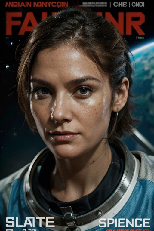 Science fiction magazine cover, below a face of a humanoid with features of a lizard and fish, on the right side, an astronaut in spacesuits , left a face of a captain with a captain's hat wearing a white and blue uniform he is bearded, plump and chubby, above centered a technological spaceship, in the background a universe and its galaxies.