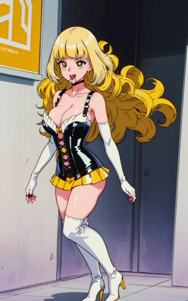 Bondage、Queen、Gal、One Girl、alone、(((Long gloves covered in white latex all the way to the fingertips)))、(((White latex corset dress:1.4)))、(((Beautiful lace corset dress.)))、(((corset dress with shoulder straps)))、(((White latex tight mini skirt:1.4)))、(((White thigh-high boots)))、Stiletto heels、(((White latex panties)))、(((White latex bra)))、(((White leather color)))、(((Sexy pose)))、Spread your legs、(((erotic)))、(((Cowboy Shot)))、masterpiece, Highest quality, space, 1 Girl,alone,((Anime Screen Capture:1.3))、Highest quality、masterpiece、((1 Girl:1.3))、((She has curly hair:1.5))、((Perm:1.3))、((Her mouth is big、White teeth are visible:1.ur teeth are so beautiful:1.5))、(((She has her bangs down:1.8)))、(((Her bangs are straight:1.8)))、(((Yellow Hair:1.8)))、((black eye:1.8))、Detailed face、((whole body:1.8))、((Gal))