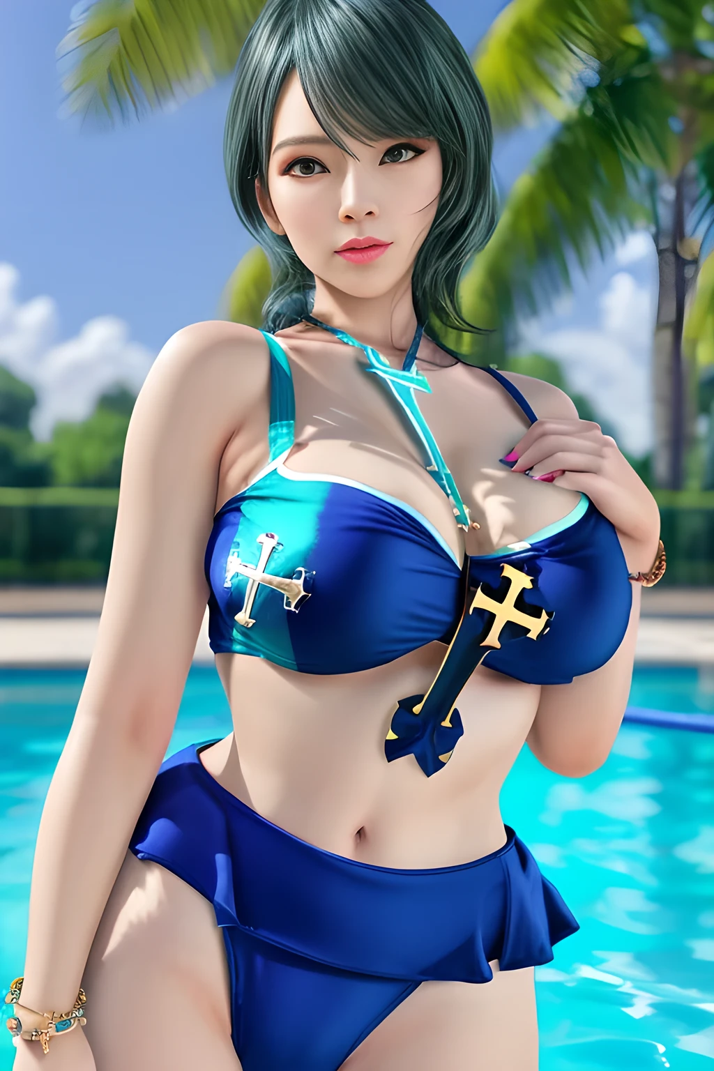 1girl,Wearing a bikini with gradient colors, the color changes from blue to pink, the design is unique and sexy. (The swimsuit adopts a cross-strap design, exposing the waist and breast: 1.4), showing the beautiful curves of the figure. wears a colorful bracelet ,nails are painted purple. The overall look is full of summer vitality and charm. The background is a swimming pool scene, and the trees and blue sky make the environment look very fresh,,beautiful detailed eyes, beautiful detailed lips, extremely detailed eyes and face, long eyelashes, (best quality,4k,8k,highres,masterpiece:1.2), ultra-detailed, (realistic,photorealistic,photo-realistic:1.37), sharp focus, vivid colors, HDR, studio lighting, physically-based rendering,tamaki