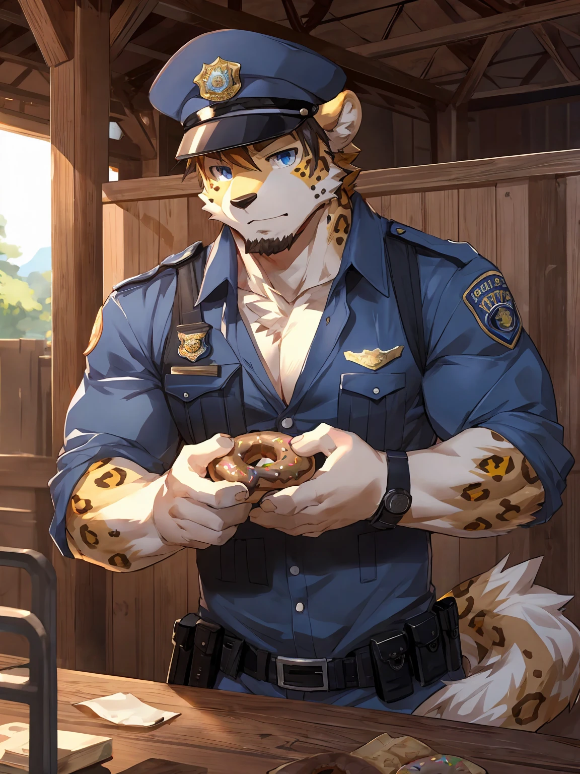 embedding：Leopard,Pale blue eyes,Single Person,Male.Solo,Chief of police,Wearing a police uniform,Wearing a police cap,At the police station，Eat a doughnut.Stubble,Mature and stable,muscle，Tertiary,Maturity,Best quality hands, best quality eye，detailed fur，Delicate eyes.Extreme picture quality，by sollyz,by zixiong,by milkytiger1145