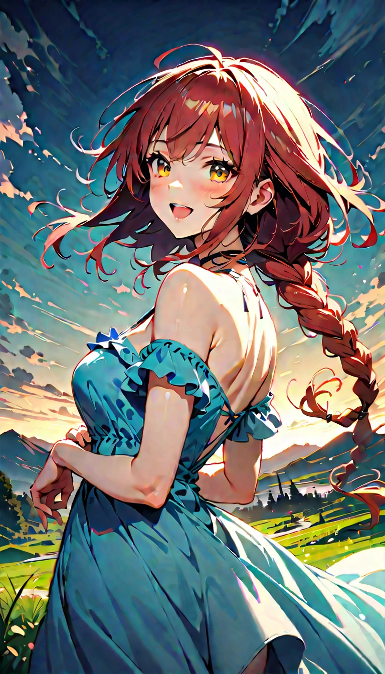 (highest quality:1.2), Very detailed, Vibrant, digital coloring, High Contrast, (masterpiece:1.2), highest quality, Best aesthetics, 1 female, red Hair, (long single braid:1.5), (messy hair:0.8), lemon yellow eyes, (((Blue Dress:1.2))), backless dress, (fantasy landscape:1.4), Bright lighting, Beautiful world, New World, Blown by the gentle wind, (hot gaze, Hot, Glossy, Open Mouth, Leaking sigh), Accurate, Textured skin, Cowboy Shot, seductive smile, The beauty and danger of growing from a girl to an adult, A symbol of miraculous beauty.