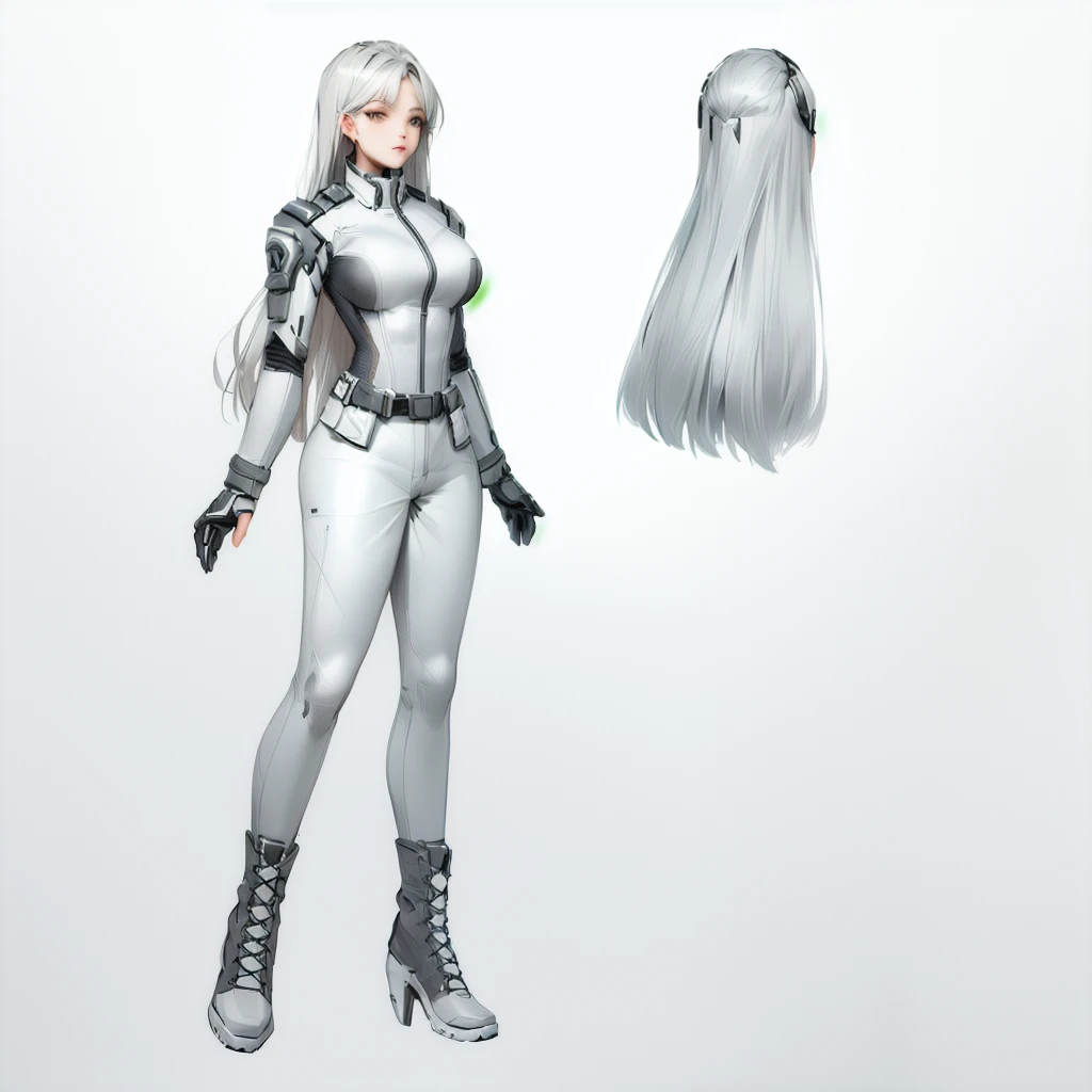 Enhance render style, female full grey uniform, grey outfit, grey color scheme, monochrome, white background,