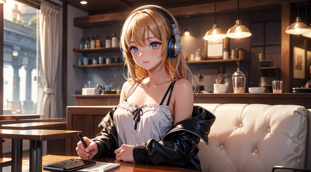 Girl with headphones enjoying music in a cafe I am studying Emphasize a little bit of the chest
