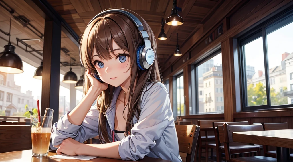 Girl with headphones enjoying music in a cafe　I am studying　Emphasize a little bit of the chest