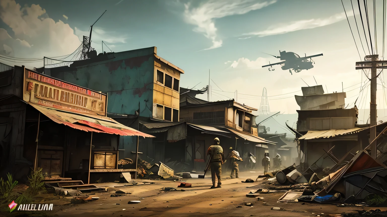 fallout, indonesia theme, post-apocalyptic, jakarta, nation, identic, vernacular, authentic, realistic, indonesia, fallout 4 style, a man painting night, detailed