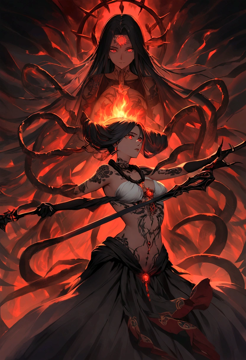 Kali, the Goddess of Destruction, is a fearsome and awe-inspiring figure, adorned in midnight blue and blood-red silks that flow around her like a living shadow. Her four arms hold various weapons: a gleaming scimitar, a trident, a skull-topped staff, and a bowl of fire, each symbolizing her dominion over death and rebirth. Her long, jet-black hair cascades wildly down her back, adorned with skulls and serpents. Her skin is a deep, ethereal blue, and her fierce, ruby-red eyes burn with an otherworldly intensity. Around her neck, she wears a garland of severed heads, and her body is marked with glowing, ancient tattoos that pulse with dark energy, embodying the cycle of creation and destruction.