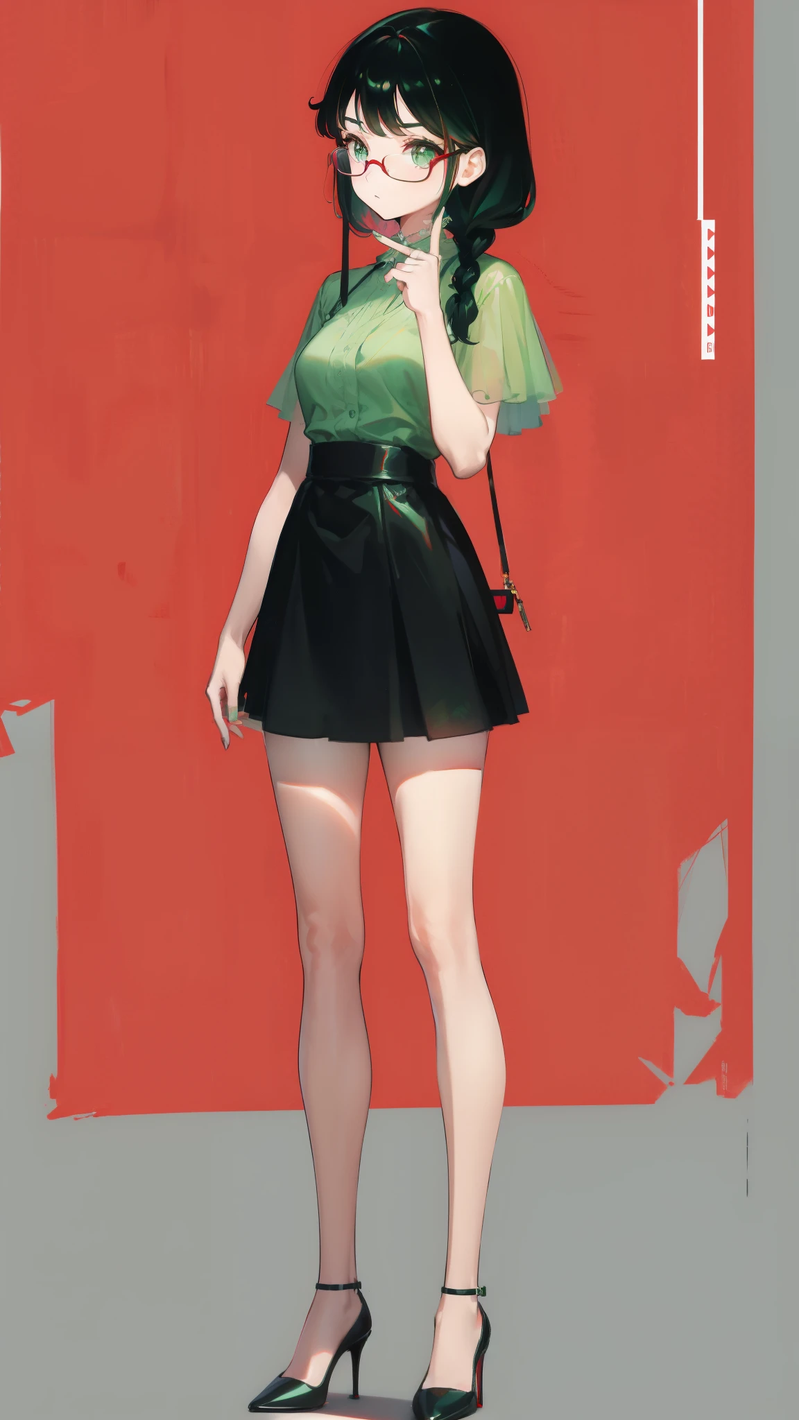 HD,Miss,Small size,Black Hair,Double Braid Hairstyle,Boooon,Green Eyes,Red glasses,