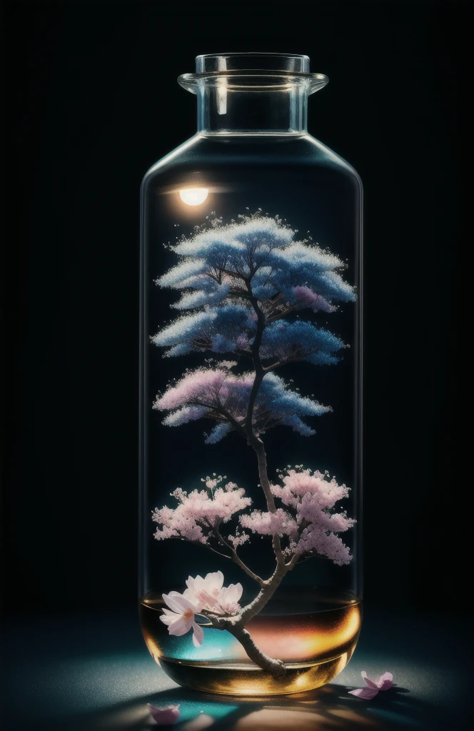 sakura tree in a bottle, fluffy, realistic, atmospheric light refraction, by lee jeffries nikon d850 film stock photograph 4 kodak portra 400 camera f1.6 lens rich colors hyper realistic lifelike texture dramatic lighting unreal engine trending on artstation cinestill 800, Style-Glass