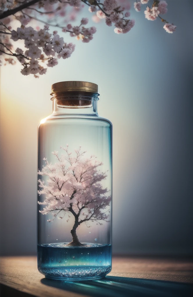 sakura tree in a bottle, fluffy, realistic, atmospheric light refraction, by lee jeffries nikon d850 film stock photograph 4 kodak portra 400 camera f1.6 lens rich colors hyper realistic lifelike texture dramatic lighting unreal engine trending on artstation cinestill 800, Style-Glass
