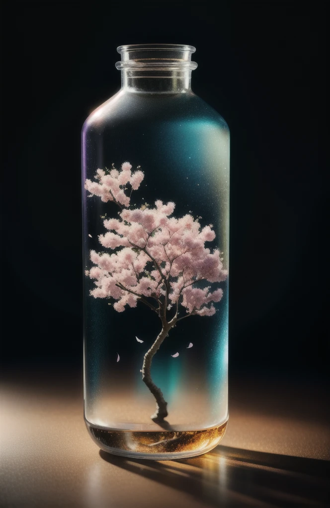 sakura tree in a bottle, fluffy, realistic, atmospheric light refraction, by lee jeffries nikon d850 film stock photograph 4 kodak portra 400 camera f1.6 lens rich colors hyper realistic lifelike texture dramatic lighting unreal engine trending on artstation cinestill 800, Style-Glass