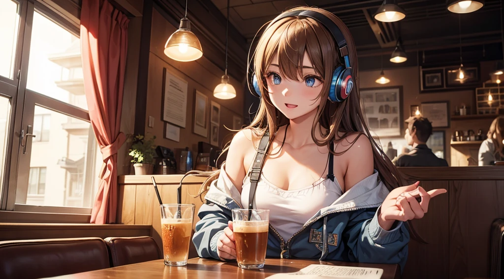 Girl with headphones enjoying music in a cafe I am studying Emphasize a little bit of the chest