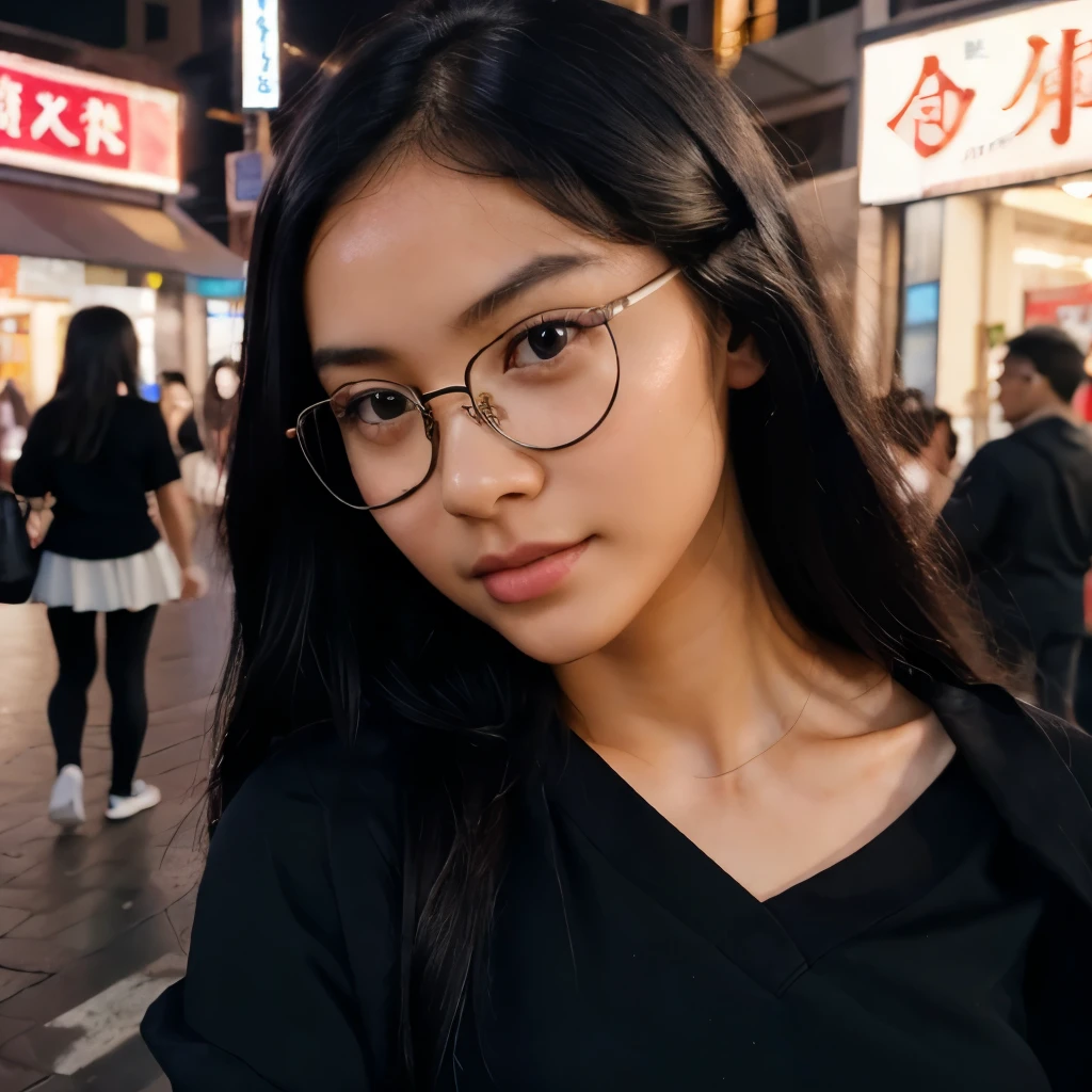 Very young female, half chinese, small slit-eyed, glasses, black hair, flawless white skin, long hair, photorealistic, best quality, hyper detailed, middle school student, beautiful woman, selfie photo, upper body, solo, wearing black clothes, at city street, midnight photo, without makeup, school (cheerful, happy), looking at viewer, skin texture, film grain, close up, ultra high res, best shadow, RAW, instagram LUT