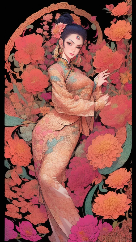 (masterpiece, top quality, best quality, official art, beautiful and aesthetic:1.2), (1girl:1.3), extremely detailed,(fractal art:1.1),(colorful:1.1)(flowers:1.3),highest detailed,(zentangle:1.2), (dynamic pose), (abstract background:1.3), (chinese Traditional cloth:1.2), (shiny skin), (many colors:1.4), ,(earrings:1.4),
