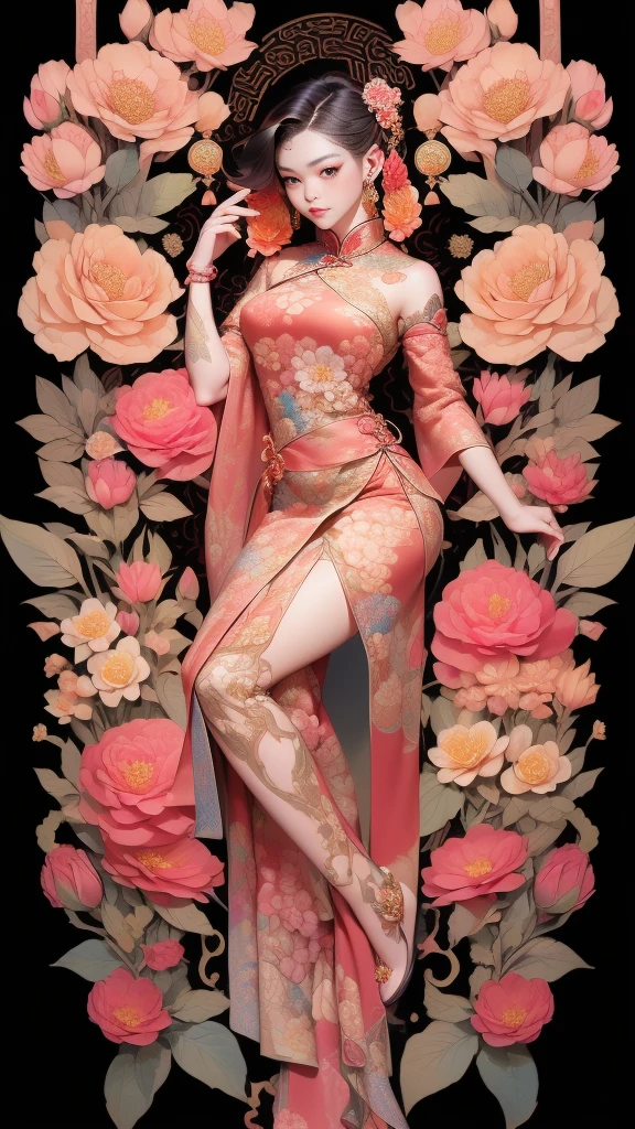 (masterpiece, top quality, best quality, official art, beautiful and aesthetic:1.2), (1girl:1.3), extremely detailed,(fractal art:1.1),(colorful:1.1)(flowers:1.3),highest detailed,(zentangle:1.2), (dynamic pose), (abstract background:1.3), (chinese Traditional cloth:1.2), (shiny skin), (many colors:1.4), ,(earrings:1.4),