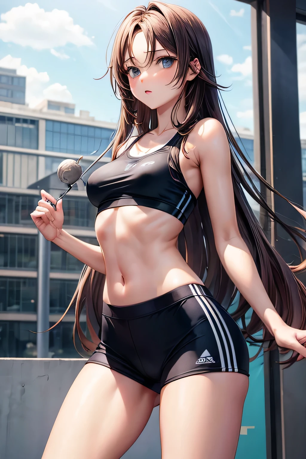 girl in sport underwear with long haar and small round breasts