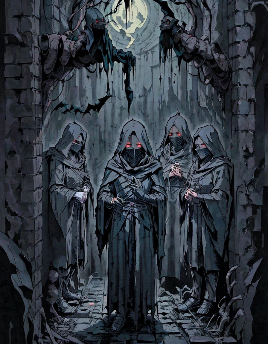 a group of people in robes standing in a dark room, dark robes, wearing dark robes, black robes, dark, nazgul, dark cinematic concept art, greek dark ritual myth, robed figures sat around a table, kramskoi 4 k, unholy gathering, photorealistic dark concept art, occult robes, medieval dark fantasy, dark robed, dark entities