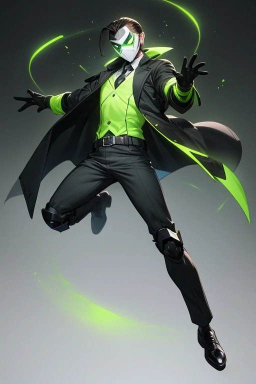 ((best quality)), ((masterpiece)), (detailed), 1 man, full body, 30s, masked, brown hair somewhat long slicked back, white superhero mask with green details, small diamond on forehead, bright green eyes, black collar, tall, thin, long dark gray trench coat, open gray trench coat showing his chest, black gloves, gray wristbands, suit, white shirt, dark green suit vest, black pants, gray knee pads, black shoes, belt, floating, green light flashes, background with green lights, anime