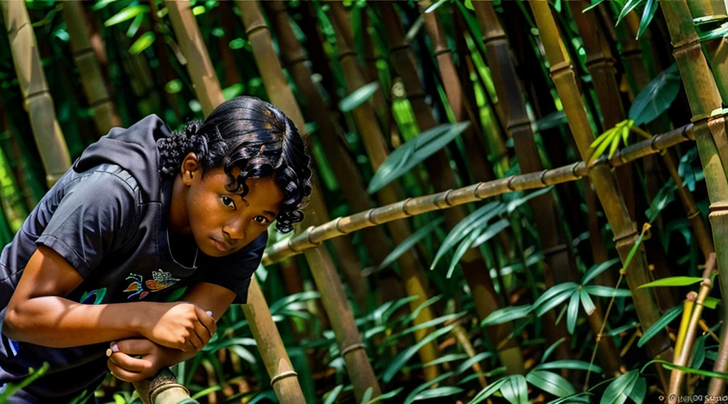 image of a black male teenager, 12 years old - wearing a dark gray long-sleeved shirt = no pattern - short curly hair - long pants and straw sandals, - looking in profile at the bamboo grove, - running slowly towards the camera alone on the path = Image of butterflies Blue morpho - butterfly flying next to species butterfly flying - - Blue morpho - butterfly flying next to and - bamboo forest