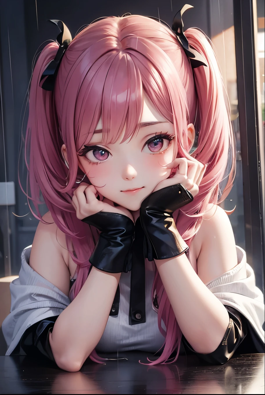 masterpiece, best quality, highly detailed, high resolution, expensive resolution, high resolution, 4k, 8k, uniform 8k wallpaper, highly detailed CG, masterpiece, 2d, 3d, beautiful details, depth, fine texture, best quality: 1.3, perfectly focused, sharp. skin, him, very cute anime girl, her name is Mei, short pigtails, idol, in the rain, expensive pink short pigtails, mole under eye, looking at the viewer, expensive, blush, mole, open lips, pink eyes, heart shaped choker, smiling face