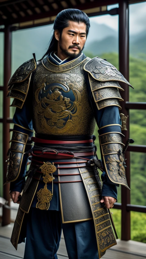 O Samurai: a robust warrior, dressed in traditional samurai armor, standing with a majestic and serene posture. with sword: A shining katana, with intricate details on the guard and blade, supported vertically on the floor, reflecting sunlight. the environment: A peaceful Japanese garden in the background, with cherry blossom trees and a small serene lake. atmosphere: The clear blue sky contrasts with the seriousness of the scene., while white clouds float gently. Facial expression: The samurai has an expression of introspection and determination, with half-closed eyes and a slight frown. armor details: The armor is made of polished metal and decorated with traditional Japanese symbols., showing years of battles and honor. Body Position: The samurai is on his knees, with one hand resting on the sword and the other resting on the thigh, denoting a moment of deep reflection and respect. Background Scenario: Ao longe, misty mountains stand out in the landscape, evoking a sense of distance and vastness.