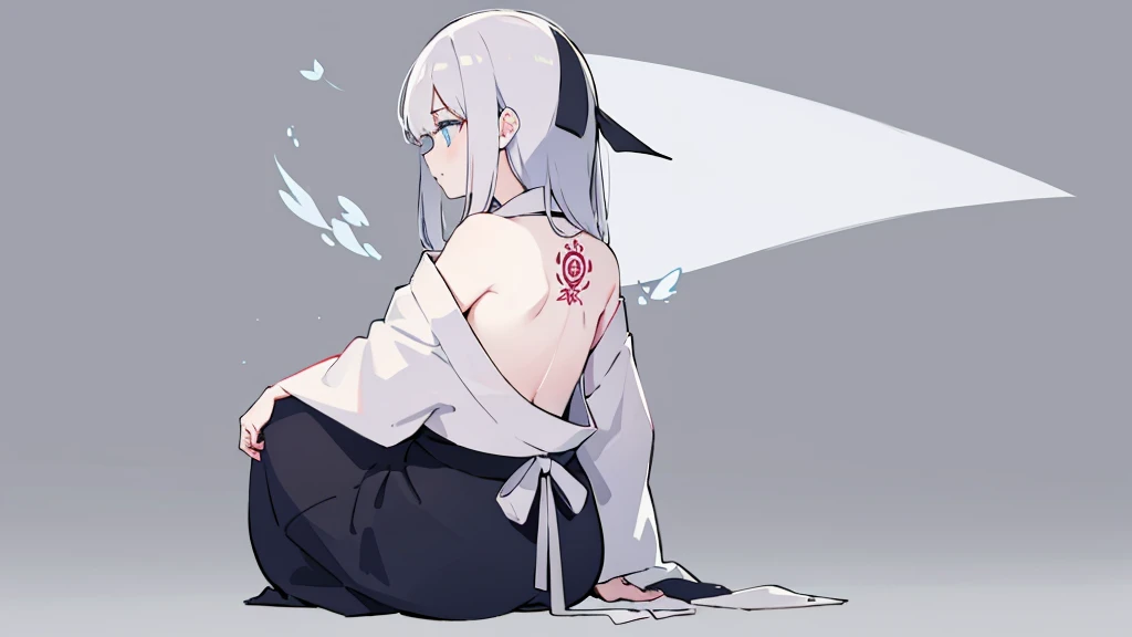 Woman sitting with her back turned,Large Japanese style tattoo on the back,Fluttering back,Take off your top,force,cool,Gray background