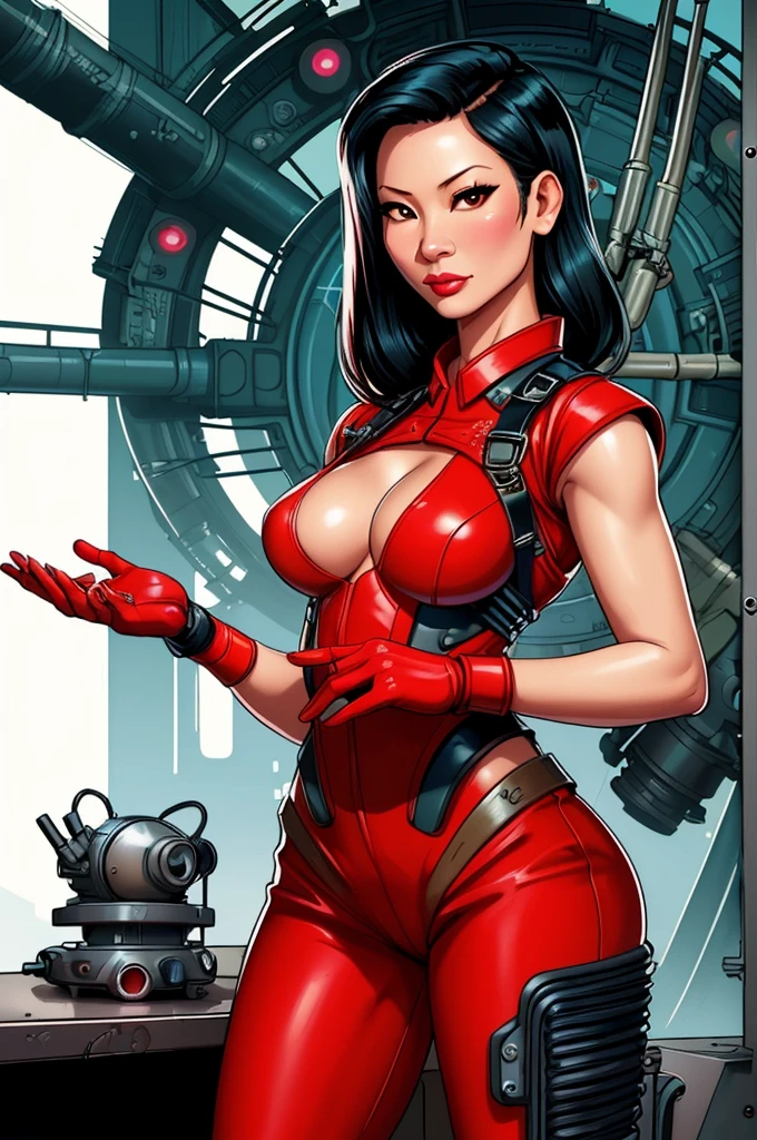 Lucy Liu, gorgeous mechanic, atompunk, blank background, retro-futurism